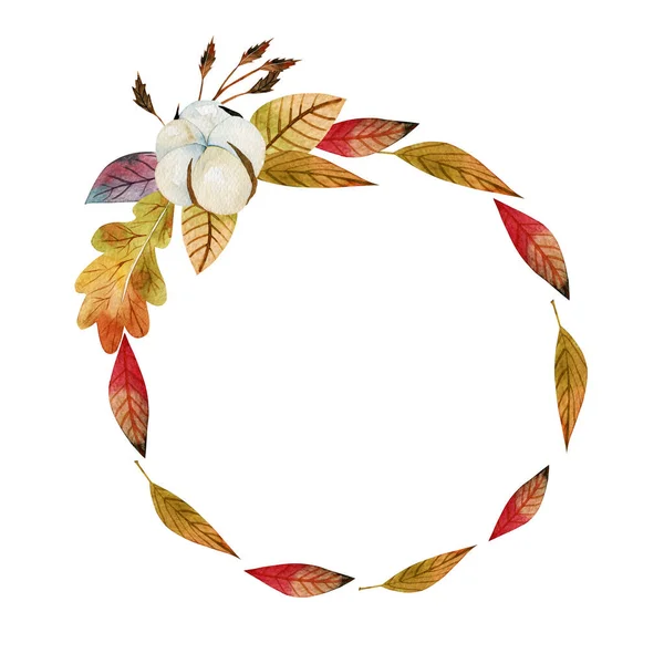 Wreath Watercolor Autumn Tree Leaves Cotton Flower Hand Painted Illustration — Stock Photo, Image