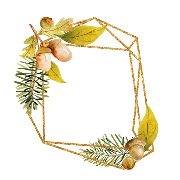 Geometric Golden Frame Watercolor Acorns Pine Branches Hand Painted Illustration — Stock Photo, Image