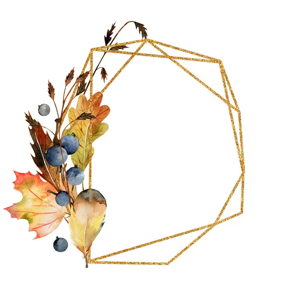 Geometric Golden Frame Watercolor Autumn Tree Leaves Forest Berries Feathers — Stock Photo, Image