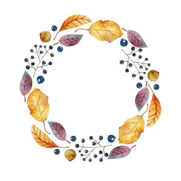 水彩の秋の木の葉や森の果実のリース 招待状 グリーティングカードのための白い背景に手描きイラスト — ストック写真