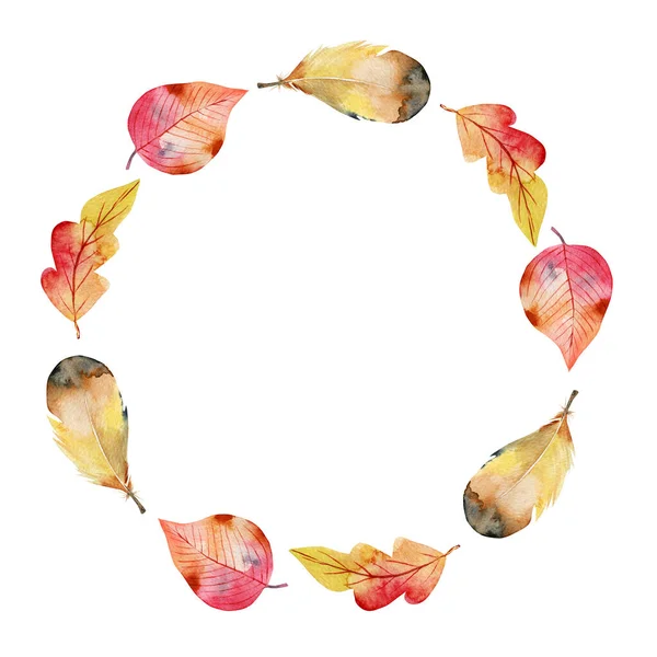 水彩缤纷的秋天橡木 林登树叶和羽毛的花环 用白色背景手绘插图作为邀请函 — 图库照片