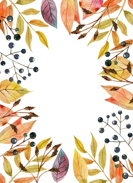 Kartenvorlage Rahmen Aus Aquarell Herbstbaumblättern Und Waldbeeren Handgemalte Illustration Auf — Stockfoto