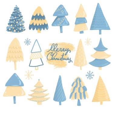 Mavi ve sarı renklerde noel ağaçları koleksiyonu, beyaz arka planda izole edilmiş el çizimi.