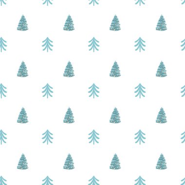 Basit Noel ağaçlarıyla kusursuz desen, beyaz arka planda el çizimi.