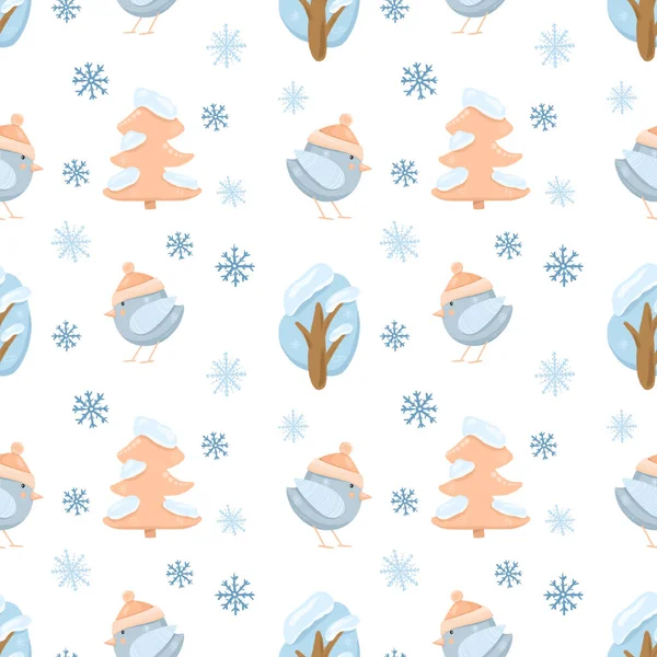Bezešvé Vzor Roztomilými Zimními Ptáky Stromy Sněhové Vločky Ručně Kreslené — Stock fotografie