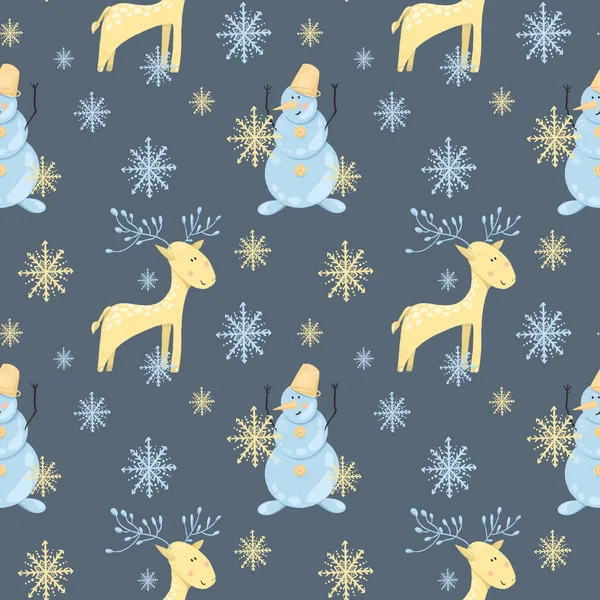 Seamless Pattern Cute Winter Snowman Funny Dear Snowflakes Hand Drawn — Stock Photo, Image