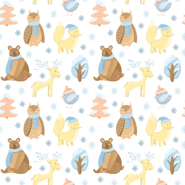 かわいい冬の動物 キツネ フクロウ 木や雪片 白い背景に描かれた手でシームレスなパターン — ストック写真