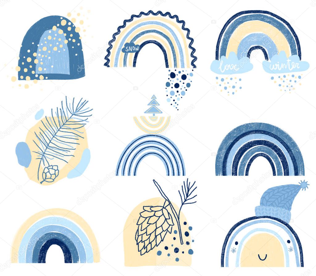 Collection of hand drawn winter blue rainbows and abstract floral elements, isolated elements on white background; nursery art design, for printing on baby clothes and textiles, home decor art