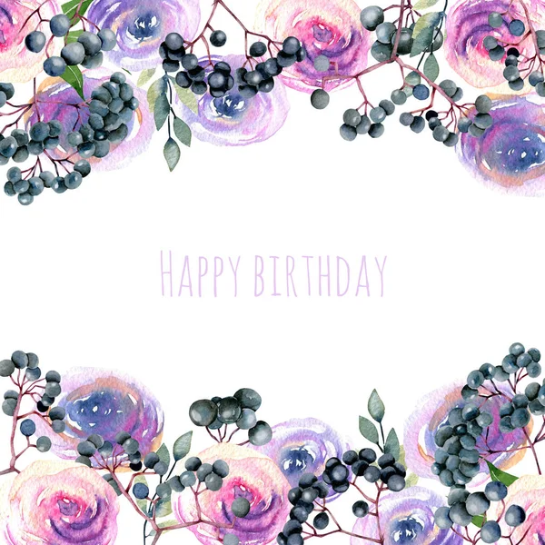 Tempere Carte Avec Aquarelle Rose Roses Violettes Et Branches De Sureau Peint A La Main Sur Un Fond Blanc Conception De Carte D Anniversaire Carte Postale De Decoration Invitation De Mariage Direction
