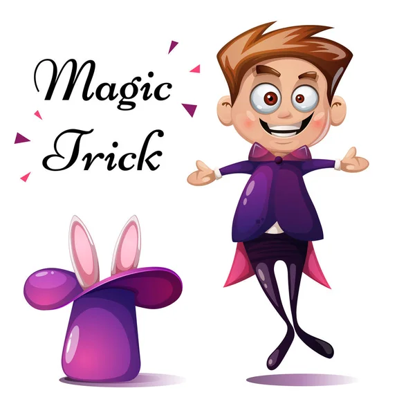 Cartoon jongen illustratie. Magic tric, konijn, truc. — Stockvector