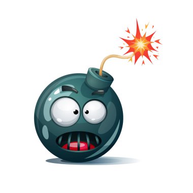 Çizgi film bomba, fitil, fitil, kıvılcım simgesi. Korku gülen.