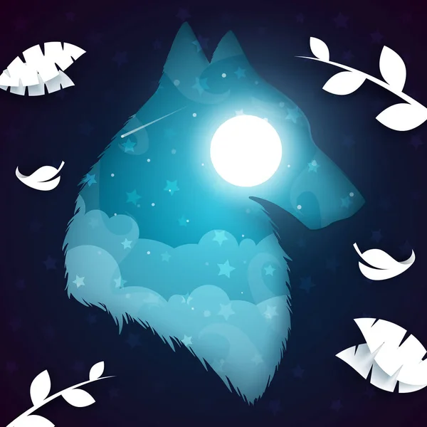 Paper wolf, dog illustration. Nightlandscape. — Stock Vector
