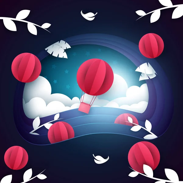 Flyg ballong illustration. Nattlandskap. — Stock vektor