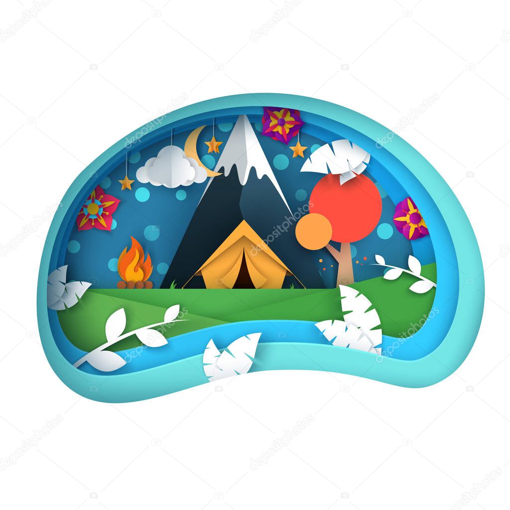 Travel illustration. Cartoon paper landscape. Mountain, tent, cloud, moon.