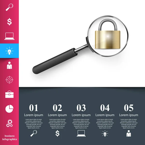 Infografica aziendale. Loupe, icona del lucchetto . — Vettoriale Stock