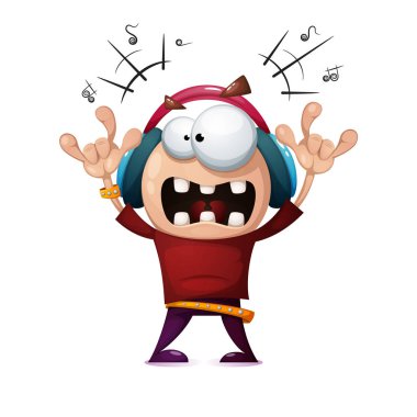 Komik, Sevimli, çılgın karikatür sallamak adam. Rock müzik illüstrasyon.