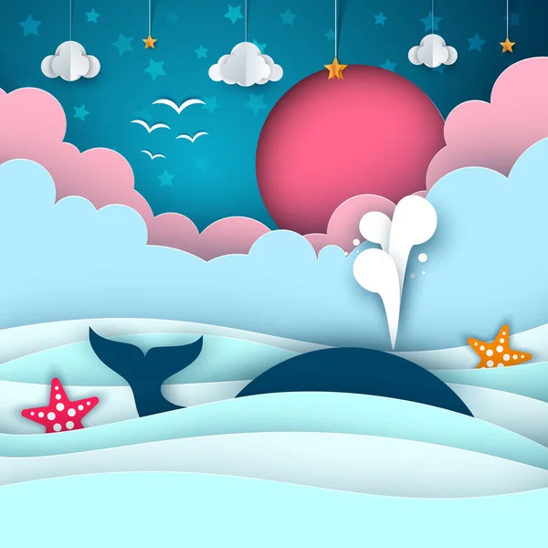 Cartone animato mare di carta. Balena, nube, sole, stella . — Vettoriale Stock