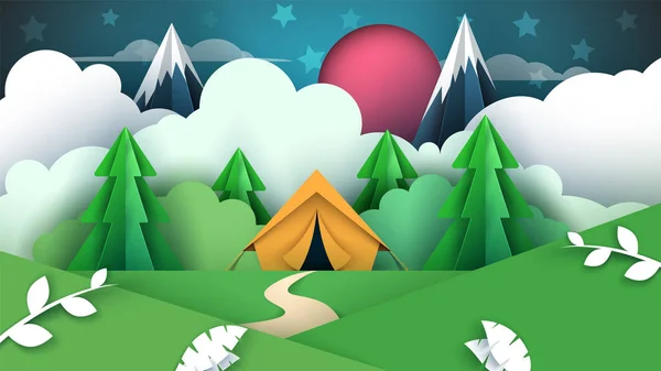 Desenhos animados ilustração de papel. Tenda, nuvem, montanha, estrela, árvore, floresta . — Vetor de Stock