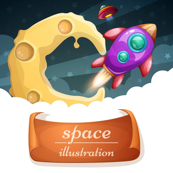 Cartoon space illustraton. Nuvem, lua, foguete . — Vetor de Stock