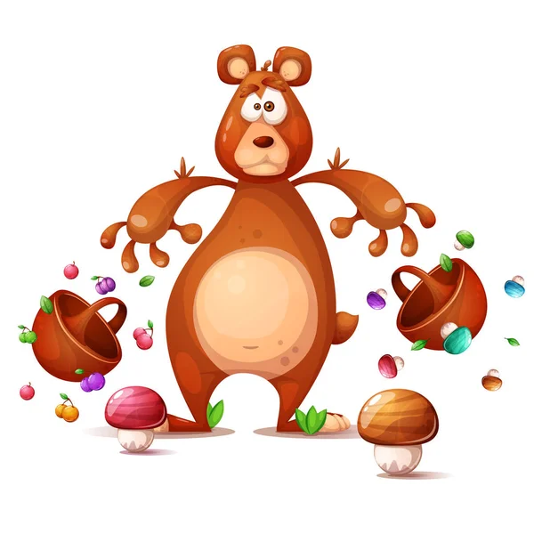 Funny, cute, crazy bear collects berries. Cartoon illustration.
