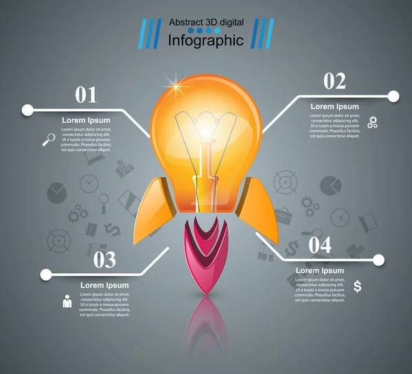 Infografik-Design. Glühbirne, Licht, Raketensymbol. — Stockvektor