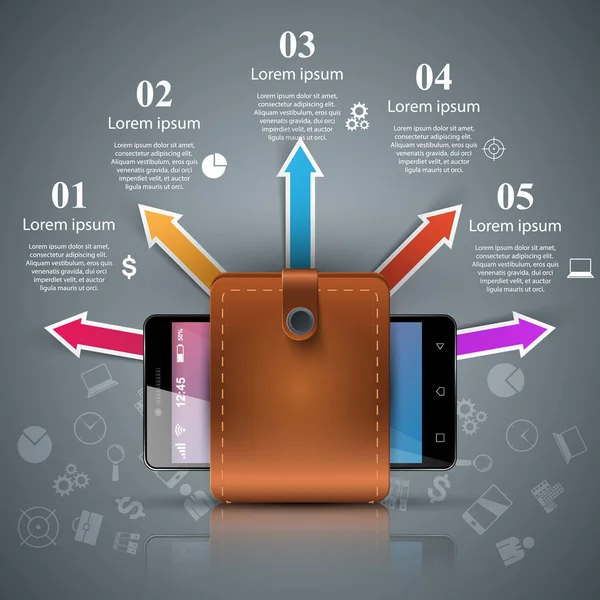 Smartphone, portefeuille, argent comptant - infographie d'entreprise . — Image vectorielle