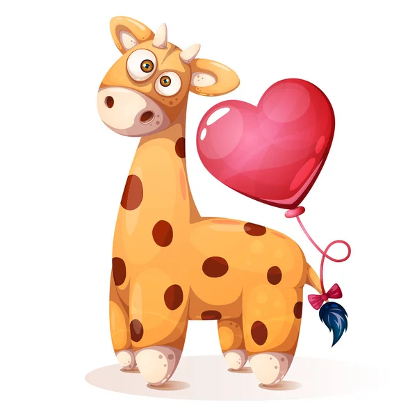 Aranyos, vicces teddy zsiráf a lufi - rajzfilm illusztráció. — Stock Vector