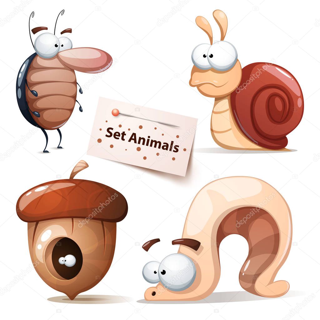 Cockroach, snail, nuts, worm - animals set
