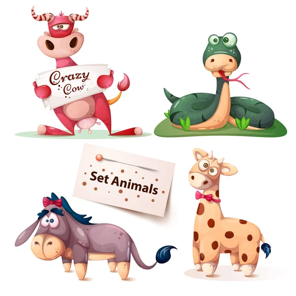 Vache, serpent, âne, girafe - animaux fixés . — Image vectorielle