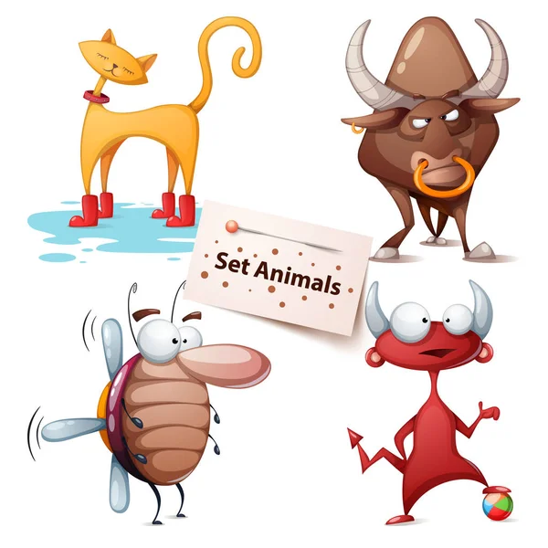 Gato, toro, cucaracha, diablo - animales establecidos — Vector de stock