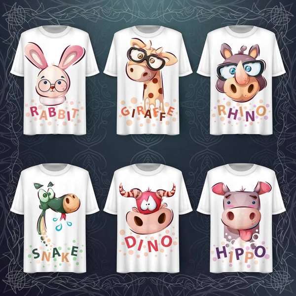 Set niedlicher Tierkopf - Idee für Print-T-Shirt — Stockvektor