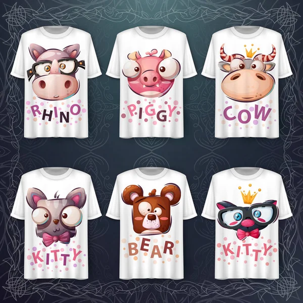 Definir cabeça de animais bonitos - ideia para imprimir t-shirt — Vetor de Stock