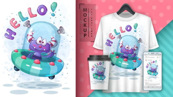 Hola cartel alienígena y merchandising . — Vector de stock