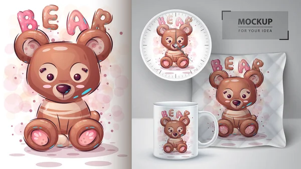 Cartel de oso de peluche y merchandising . — Vector de stock