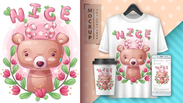 Urso bonito - cartaz e merchandising . — Vetor de Stock