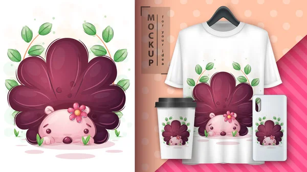 Lindo erizo con cartel de flores y merchandising. — Vector de stock