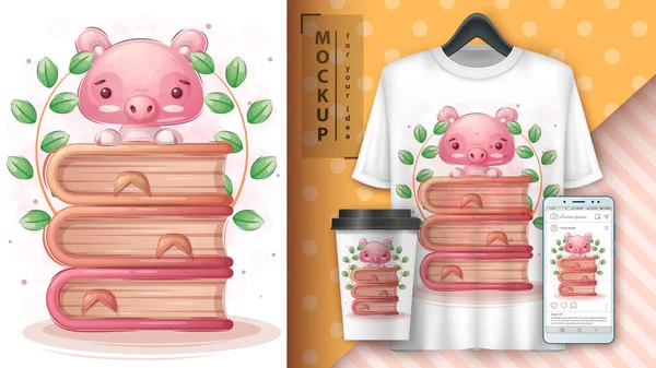 Cartel de libro de lectura de cerdo y merchandising. — Vector de stock