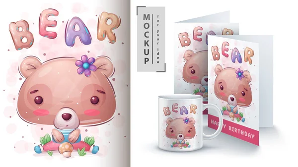 Urso bonito - cartaz e merchandising. —  Vetores de Stock