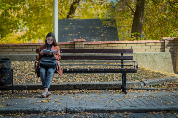 A girl reads a book in the park on a bench