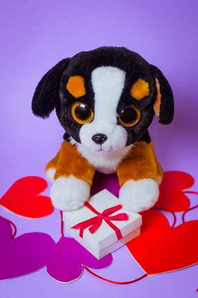 Toy Puppy sits on a white gift box with a Red Ribbon on paper hearts on a purple background.