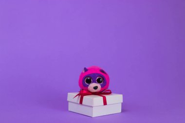 Oyuncak karikatür fare bir beyaz hediye kutusu üzerinde oturur.