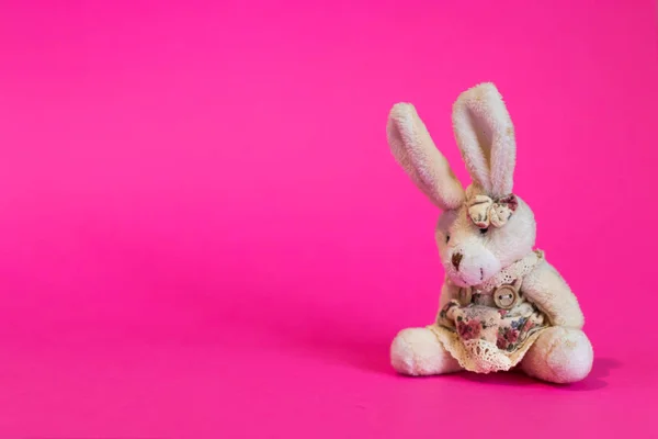 Toy white cartoon rabbit sits on a pink background.