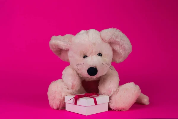 분홍색 배경에 상자에 장난감 마우스 — 스톡 사진
