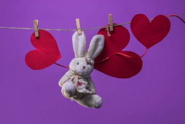 Oyuncak tavşan arka plan beyaz bulutlar üzerinde ip clothespins uzaklaştırıldın