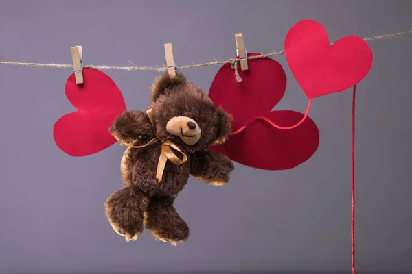 Toy Teddy Bear Suspended Rope Clothespins Background White Clouds — Stock Photo, Image