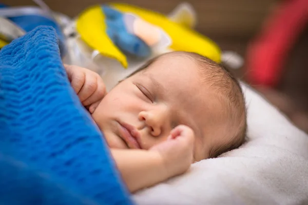 Sleeping Newborn Baby Toon Bear Moon Blue Blanket — Stock Photo, Image