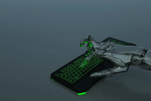 Robot\'s hand presses keyboard keys 3d render