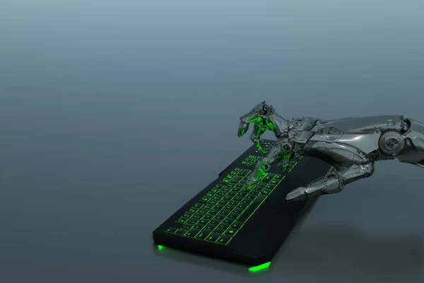 Robot\'s hand presses keyboard keys 3d render
