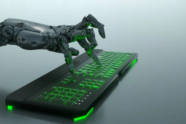 Robot\'s hand presses keyboard keys 3d render