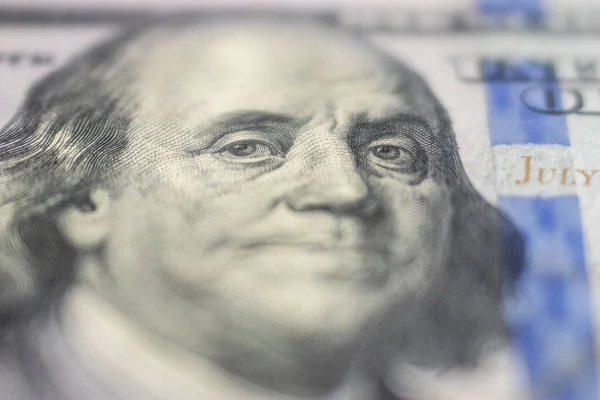 Βλέμμα Του Μπέντζαμιν Φράνκλιν Στο Χαρτονόμισμα Των 100 Δολαρίων Benjamin — Φωτογραφία Αρχείου